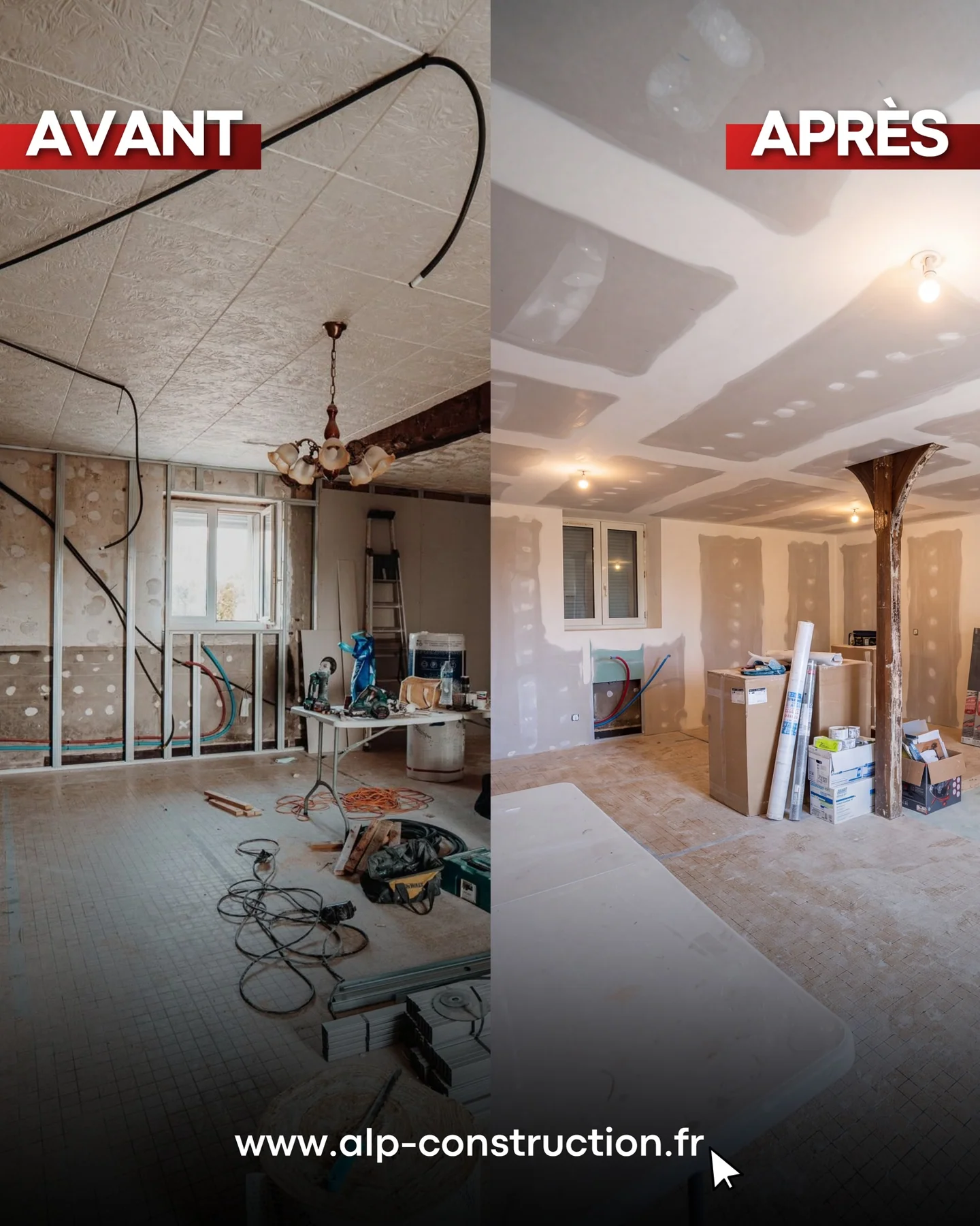 Avant et après la rénovation intérieure d’une maison à Jailly.