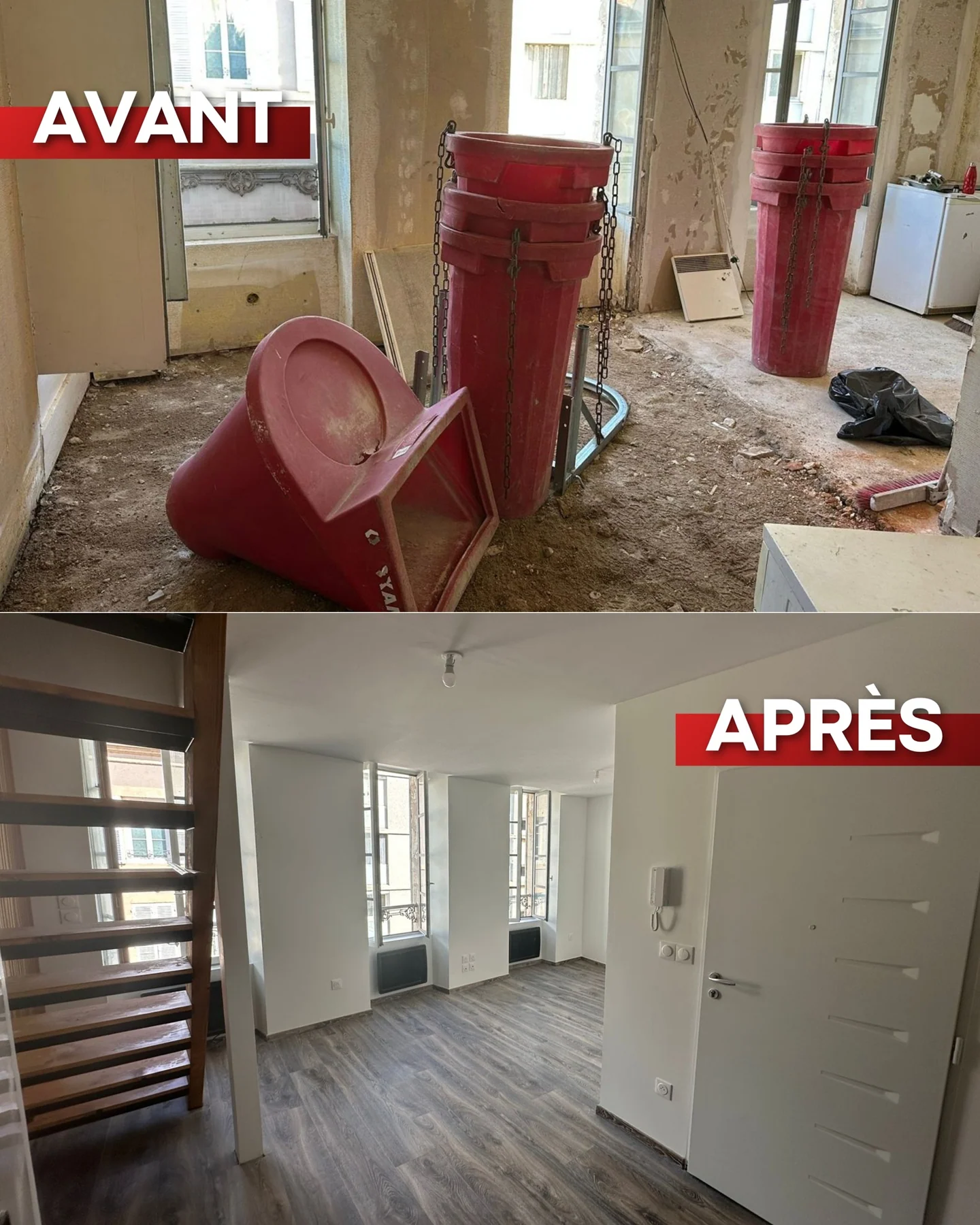 Avant et après la rénovation intérieure d’un appartement à Nevers.